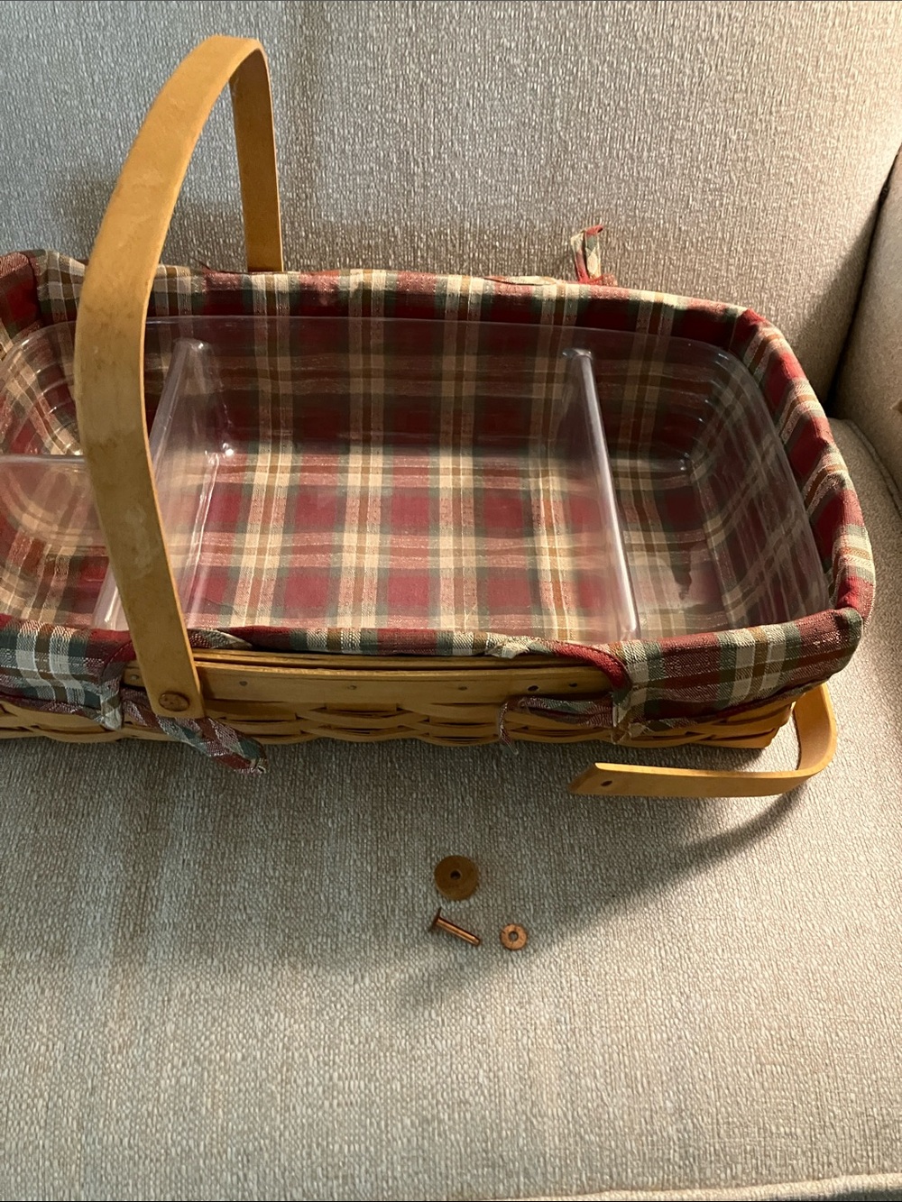 Longaberger Plaid Lined Basket with Damaged Wooden Handle